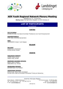 AER Youth Regional Network Plenary Meeting Jönköping (S), 12 – 15 june 2014 Meeting venue: Folk High School, Mängatan 10, 55439 Jönköping (S) LIST OF PARTICIPANTS As of