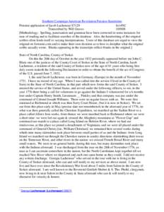 Southern Campaign American Revolution Pension Statements Pension application of Jacob Lachenour S7129 fn14NC Transcribed by Will Graves[removed]Methodology: Spelling, punctuation and grammar have been corrected in some 