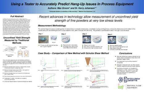 Using a Tester to Accurately Predict Hang-Up Issues In Process Equipment Authors: Max Groom* and Dr. Kerry Johanson** * Particulate Systems (a subsidiary of Micromeritics) ** Material Flow Equipment, LLC Full Abstract Un