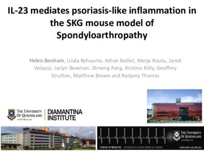 IL-23 mediates psoriasis-like inflammation in the SKG mouse model of Spondyloarthropathy Helen Benham, Linda Rehaume, Athan Baillet, Merja Ruutu, Jared Velasco, Jaclyn Bowman, Dimeng Pang, Kristine Kikly, Geoffrey Strutt