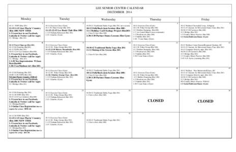 LEE SENIOR CENTER CALENDAR DECEMBER 2014 Monday Tuesday