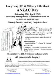 Lang Lang .303 & Military Rifle Shoot  ANZAC Day Saturday 25th April 2015 Scrutinizing and registration to commence at 10:00 am OPEN TO ALL AND EVERYONE