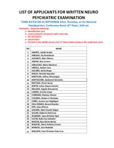 LIST OF APPLICANTS FOR WRITTEN NEURO PSYCHIATRIC EXAMINATION THIRD BATCH ON 25 SEPTEMBER 2014, Thursday, at the National Headquarters, Conference Room (4th floor), 8:00 am Reminders - Bring the following: a. Identificati