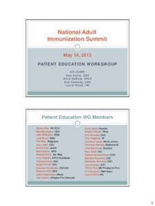 National Adult Immunization Summit May 14, 2013 PATIENT EDUCATION WORKGROUP C O - L E AD S Am y C a l l i s , C D C