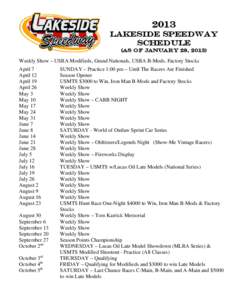 2013 Lakeside Speedway Schedule (as of January 28, 2013) Weekly Show – USRA Modifieds, Grand Nationals, USRA B-Mods, Factory Stocks April 7