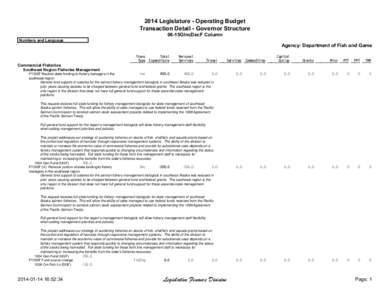 2014 Legislature - Operating Budget Transaction Detail - Governor Structure 06-15GIncDecF Column Numbers and Language  Agency: Department of Fish and Game