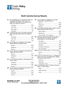 North Carolina Survey Results Q1 The candidates for U.S. Senate are Democrat Kay Hagan, Republican Thom Tillis, and Libertarian Sean Haugh. If the election was