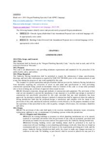 LEGEND Black text = 2011 Oregon Plumbing Specialty Code (OPSC) language. Blue text double underline = Substantive new language. Blue text strike through = Substantive deletion. Purple text underlined = Substantive new la
