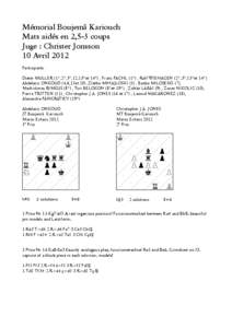 Mémorial Boujemâ Kariouch Mats aidés en 2,5-3 coups Juge : Christer Jonsson 10 Avril 2012 Participants : Dieter MULLER (1*,2*,3*,12,13*et 14*) , Franz PACHL (1*) , Rolf WIEHAGEN (2*,3*,13*et 14*)