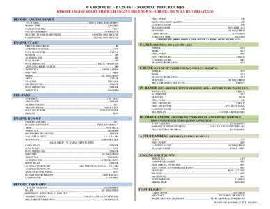 WARRIOR III – PA28-161 – NORMAL PROCEDURES BEFORE ENGINE START THROUGH ENGINE SHUTDOWN – CHECKLIST WILL BE VERBALIZED BEFORE ENGINE START TACH TIME ..................................................................