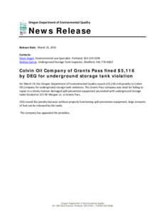 Oregon Department of Environmental Quality  News Release Release Date: March 25, 2015 Contacts: Steve Siegel, Environmental Law Specialist, Portland, 