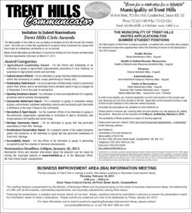 R0013101627  THE MUNICIPALITY OF TRENT HILLS INVITES APPLICATIONS FOR SUMMER STUDENT POSITIONS