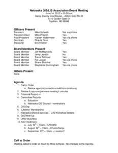 Nebraska GIS/LIS Association Board Meeting June 14, 2013 – 10:00 am Sarpy County Courthouse – Admin Conf Rm B 1210 Golden Gate Dr Papillion, NE 68046