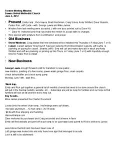 Trustee Meeting Minutes Downs United Methodist Church June 4, 2012 •  Present, Emily Kelly , Rick Hayes, Brad Weichman, Craig Solvie, Andy Whitted, Dave Wysocki,