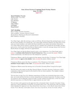 State of Iowa Electrical Examining Board Meeting Minutes June 19, 2014 Approved Board Members Present: Wayne Engle, Vice Chair John Marino