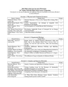 2013 PRELIMINARY SESSION WINNERS  28TH Alaska Statewide High School Science Symposium UNIVERSITY OF ALASKA FAIRBANKS & FAIRBANKS NORTH STAR BOROUGH SCHOOL DISTRICT 23 AND 24 MARCH