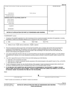 CD-110 NOTICE OF APPLICATION FOR WRIT OF POSSESSION AND HEARING (CLAIM AND DELIVERY)