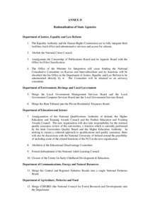 ANNEX D Rationalisation of State Agencies Department of Justice, Equality and Law Reform 1. The Equality Authority and the Human Rights Commission are to fully integrate their facilities, back office and administrative s