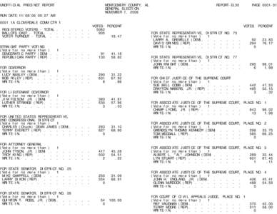 UNOFFICIAL PRECINCT REPORT  MONTGOMERY COUNTY, AL GENERAL ELECTION NOVEMBER 7, 2006