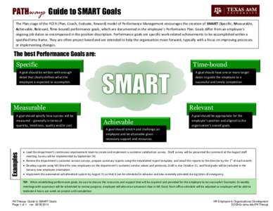 PATHways Guide to SMART Goals The Plan stage of the PCER (Plan, Coach, Evaluate, Reward) model of Performance Management encourages the creation of SMART (Specific, Measurable, Achievable, Relevant, Time-bound) performan