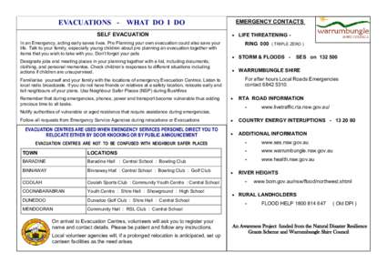 EVACUATIONS - WHAT DO I DO SELF EVACUATION In an Emergency, acting early saves lives. Pre Planning your own evacuation could also save your life. Talk to your family, especially young children about pre planning an evacu