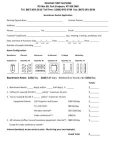 DEHCHO FIRST NATIONS PO Box 89, Fort Simpson, NT X0E 0N0 Tel: ([removed]Toll Free: [removed]Fax: ([removed]Boardroom Rental Application Renting Organization: _______________________________