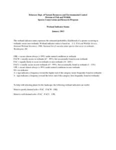 Delaware Dept. of Natural Resources and Environmental Control Division of Fish and Wildlife Species Conservation and Research Program Wetland Indicator Status January 2013