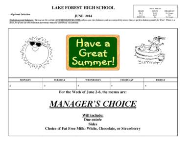 LAKE FOREST HIGH SCHOOL ~ Optional Selection MEAL PRICES: GRADE PK-5