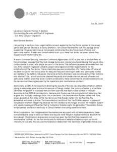 July 31, 2014 Lieutenant General Thomas P. Bostick Commanding General and Chief of Engineers U.S. Army Corps of Engineers Dear General Bostick: I am writing to alert you to an urgent safety concern regarding the fuel far