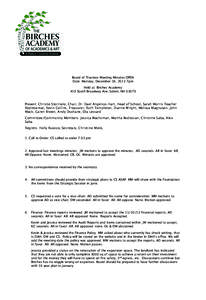 Board of Trustees Meeting Minutes OPEN Date: Monday, December 16, 2013 7pm Held at: Birches Academy 419 South Broadway Ave, Salem, NH[removed]Present: Christie Storniolo, Chair, Dr. Dael Angelico-Hart, Head of School, Sar