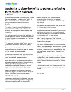 Australia to deny benefits to parents refusing to vaccinate children