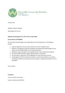 23 April, 2014  Manager, Statutory Planning Manningham City Council  Objection to development of 1-3 & 5 Yarra St., Warrandyte