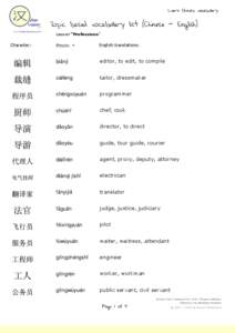 Learn Chinese vocabulary  Topic based vocabulary list (Chinese - English) www.hantrainerpro.com  Character:
