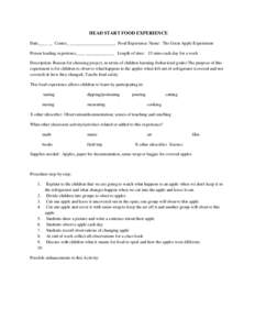 HEAD START FOOD EXPERIENCE Date____ __ Center_ _____________________ Food Experience Name: The Great Apple Experiment Person leading experience____ _____________ Length of time: 15 mins each day for a week Description: R
