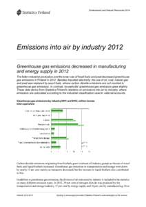 Environment and Natural Resources[removed]Emissions into air by industry 2012 Greenhouse gas emissions decreased in manufacturing and energy supply in 2012 The fallen industrial production and the lower use of fossil fuels