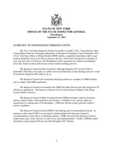 STATE OF NEW YORK OFFICE OF THE STATE INSPECTOR GENERAL Final Report September 27, 2012  SUMMARY OF FINDINGS/RECOMMENDATIONS