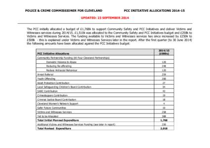 POLICE & CRIME COMMISSIONER FOR CLEVELAND  PCC INITIATIVE ALLOCATIONSUPDATED: 23 SEPTEMBER 2014