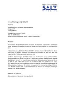 Ad-hoc Mitteilung nach § 15 WpHG Prognose Südwestdeutsche Salzwerke Aktiengesellschaft Salzgrund[removed]Heilbronn Wertpapierkennnummer: 734660