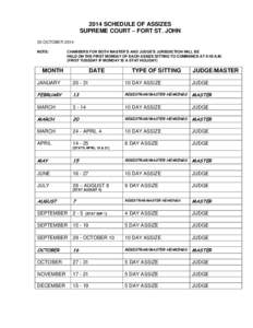 2014 SCHEDULE OF ASSIZES SUPREME COURT – FORT ST. JOHN 30 OCTOBER 2014 NOTE:  CHAMBERS FOR BOTH MASTER’S AND JUDGE’S JURISDICTION WILL BE
