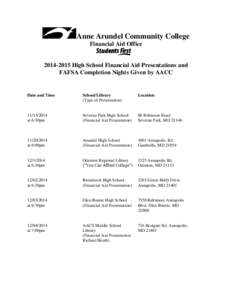 Anne Arundel Community College Financial Aid Office[removed]High School Financial Aid Presentations and FAFSA Completion Nights Given by AACC