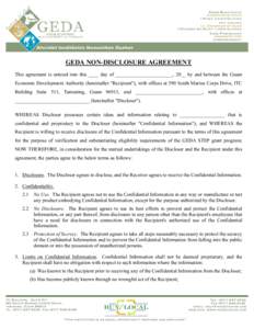 GEDA NON-DISCLOSURE AGREEMENT This agreement is entered into this ____ day of _______________________, 20__ by and between the Guam Economic Development Authority (hereinafter 