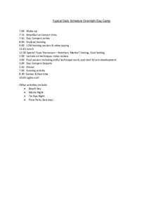 Typical Daily Schedule Overnight/Day Camp 7:00 Wake-up 7:15 Breakfast at Canyon Vista 7:45 Day Campers arrive 8:00 Dryland training 9:00 LCM training session & video taping