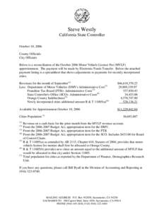 Steve Westly California State Controller October 10, 2006 County Officials City Officials Below is a reconciliation of the October 2006 Motor Vehicle License Fee (MVLF)