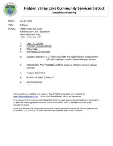 Hidden Valley Lake Community Services District Special Board Meeting DATE:  July 27, 2015