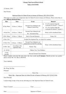 Cheung Chau Sacred Heart School Notice (E14[removed]January, 2015 Dear Parents, Important Dates for School Events in January & February[removed]E14[removed]This notice is to notify you of important dates for School Even