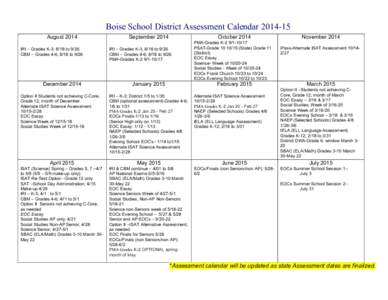 Boise School District Assessment Calendar[removed]August 2014 IRI – Grades K-3; 8/18 to 9/26 CBM – Grades 4-6; 8/18 to[removed]December 2014