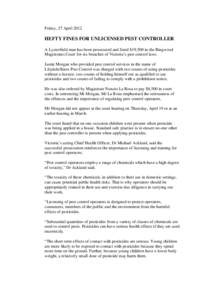 News Release - Hefty Fines for Unlicenced Pest Controller 27 April 2012