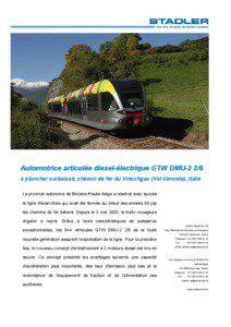 Automotrice articulée diesel-électrique GTW DMU-2 2/6 à plancher surbaissé, chemin de fer du Vinschgau (Val Venosta), Italie La province autonome de Bolzano/Haute-Adige a réactivé avec succès