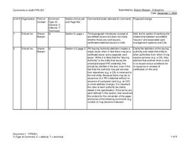 Submitted by: Sharon Boeyen - Entrust Inc. _________ Date: December 7, 2004 Comments on draft FIPS 201 Cmt # Organization Point of Contact