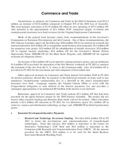 Commerce and Trade Am end m ents, as ad opted , for Com m erce and Trad e in the[removed]bienniu m total $333.2 m illion, an increase of $23.6 m illion com pared to Chapter 874 of the 2010 Acts of Assem bly. This total i